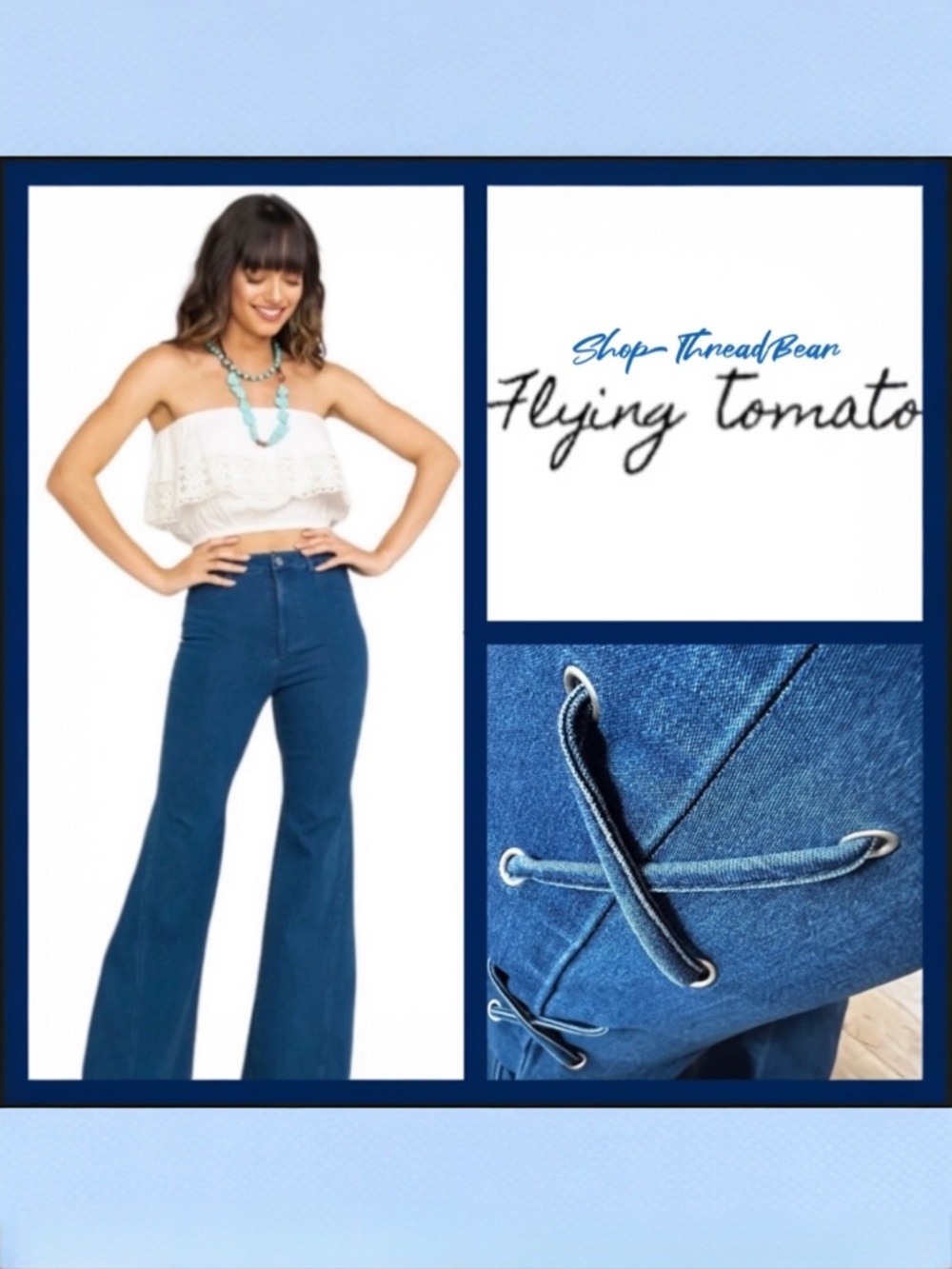 EUC X·Tied Up·X [Flying Tomato] High-Rise Boho Wide Leg Flare Blue Jeans | Small - Picture 8 of 9